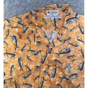 Columbia Fish All Over Print Button Up Shirt Viscose Blend Mens Size L Orange